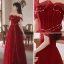 Fashion Burgundy Evening Dresses  Prom Dresses 2021 A-Line / Princess Ruffle Pearl Off-The-Shoulder Sleeveless Backless Floor-Length / Long Prom Formal Dresses
