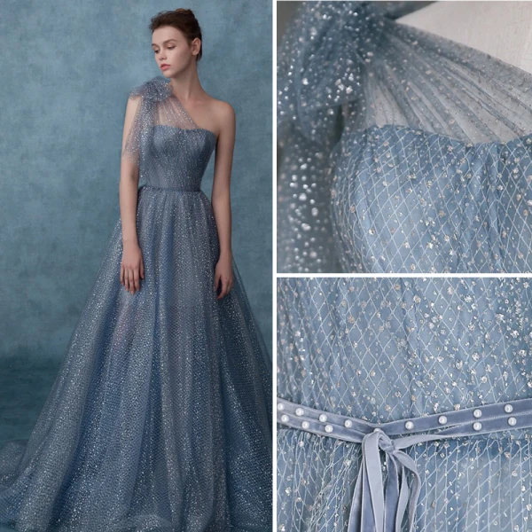 Bling Bling Mode Bleu Ciel Glitter Robe De Bal 2021 Princesse Une épaule Perle Paillettes Ceinture Manches Courtes Dos Nu Longue Promo Robe De Ceremonie