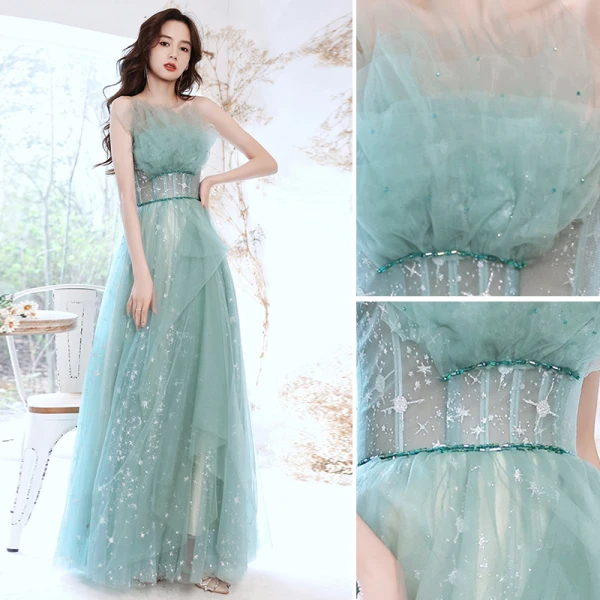 Elegant Mint Green Glitter Prom Dresses 2021 A-Line / Princess Strapless Beading Lace Sleeveless Backless Floor-Length / Long Prom Formal Dresses
