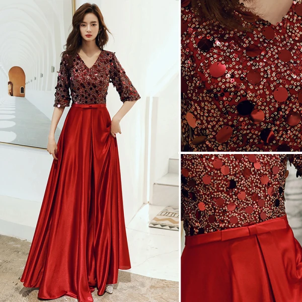 Chic / Belle Bordeaux Robe Demoiselle D'honneur 2021 Princesse V-Cou Appliques Paillettes 1/2 Manches Dos Nu Ceinture Longue Demoiselle D'honneur Robe Pour Mariage