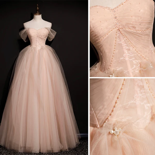 Chic / Beautiful Blushing Pink Prom Dresses 2021 A-Line / Princess Off-The-Shoulder Sleeveless Backless Beading Floor-Length / Long Prom Formal Dresses
