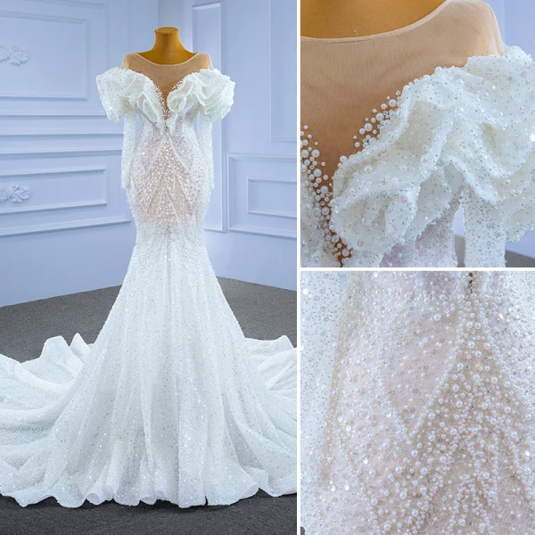Luxury / Gorgeous Ivory Wedding Dresses 2021 Trumpet / Mermaid Beading Pearl Rhinestone Sequins Scoop Neck Long Sleeve Chapel Train Wedding