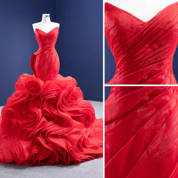 Sexy High-end Red Wedding Dresses 2021 Trumpet / Mermaid Strapless Sleeveless Backless Cascading Ruffles Royal Train Wedding