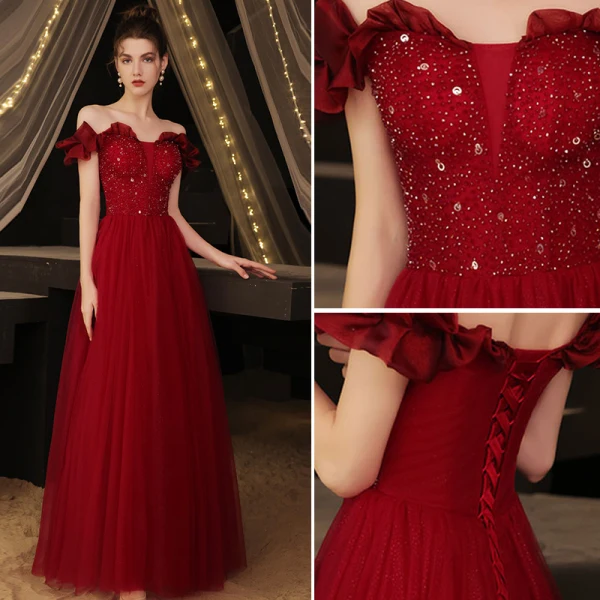 Chic / Beautiful Burgundy Prom Dresses 2021 A-Line / Princess Off-The-Shoulder Beading Rhinestone Sequins Short Sleeve Backless Floor-Length / Long Formal Dresses