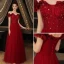 Chic / Beautiful Burgundy Prom Dresses 2021 A-Line / Princess Off-The-Shoulder Beading Rhinestone Sequins Short Sleeve Backless Floor-Length / Long Formal Dresses