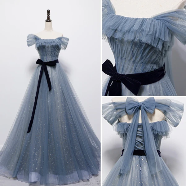 Fashion Sky Blue Glitter Prom Dresses 2021 A-Line / Princess Off-The-Shoulder Short Sleeve Backless Bow Floor-Length / Long Prom Formal Dresses