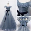 Fashion Sky Blue Glitter Prom Dresses 2021 A-Line / Princess Off-The-Shoulder Short Sleeve Backless Bow Floor-Length / Long Prom Formal Dresses