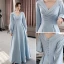 Modest / Simple Sky Blue Satin Bridesmaid Dresses 2021 A-Line / Princess Off-The-Shoulder Short Sleeve Backless Floor-Length / Long Bridesmaid Wedding Party Dresses