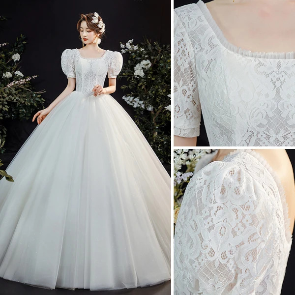 Viktorianischer Stil Vintage Ivory / Creme Spitze Blumen Brautkleider / Hochzeitskleider 2021 A Linie Eckiger Ausschnitt Kurze Ärmel Rückenfreies Hof-Schleppe Hochzeit