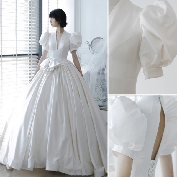 Haut de Gamme Ivoire Satin Robe De Mariée 2021 Robe Boule V-Cou Manches Courtes Dos Nu Royal Train Mariage