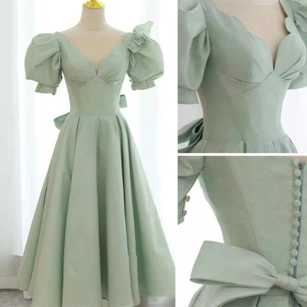 Vintage / Retro Sage Green Prom Dresses A-Line / Princess 2021 Scoop Neck Puffy Short Sleeve Backless Bow Tea-length Prom Formal Dresses