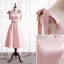 Lovely Candy Pink Satin Bridesmaid Dresses 2021 A-Line / Princess Square Neckline Bow Sleeveless Backless Tea-length Wedding Party Dresses