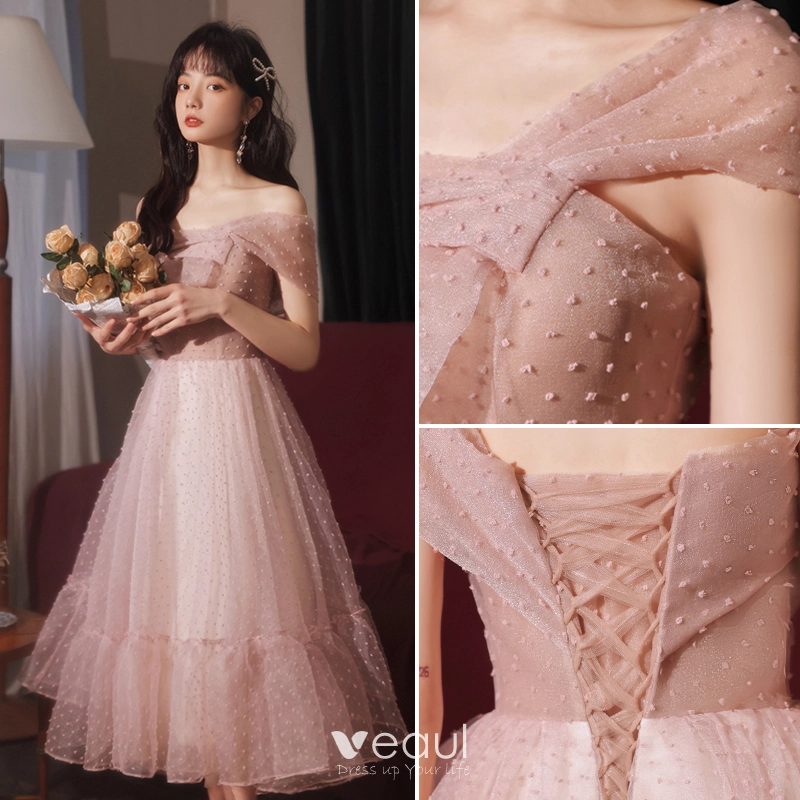 Modest / Simple Dusky Pink Graduation Dresses 2021 A-Line / Princess Homecoming  One-Shoulder Sleeveless Backless Floor-