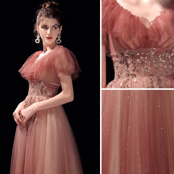 Charming Watermelon Glitter Prom Dresses 2021 A-Line / Princess V-Neck Beading Rhinestone Sequins Short Sleeve Floor-Length / Long Prom Formal Dresses