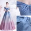 Fashion Gradient-Color Sky Blue Glitter Prom Dresses 2021 A-Line / Princess Off-The-Shoulder Short Sleeve Backless Bow Floor-Length / Long Prom Formal Dresses