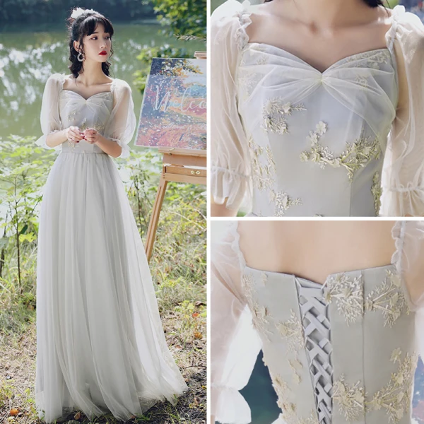 Élégant Gris Robe Demoiselle D'honneur 2021 Princesse Manches Courtes Dos Nu Appliques En Dentelle Fleur Longue Demoiselle D'honneur Robe Pour Mariage