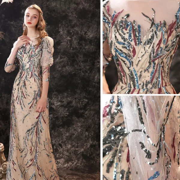 High-end Champagne Evening Dresses  2021 Trumpet / Mermaid Scoop Neck Beading Sequins Lace Flower 3/4 Sleeve Floor-Length / Long Evening Party Formal Dresses