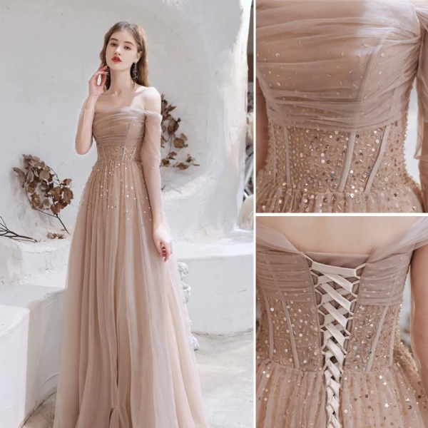 Charmant Rougissant Rose Robe De Soirée 2021 Princesse De l'épaule Perlage Étoile Paillettes 3/4 Manches Dos Nu Longue Robe De Ceremonie