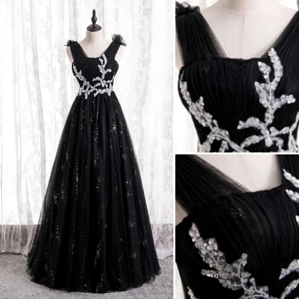 Chic / Belle Noire Robe De Bal 2021 Princesse V-Cou Volants Faux Diamant Paillettes Longue Sans Manches Dos Nu Robe De Ceremonie