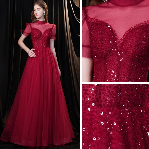 Élégant Bordeaux Robe De Soirée 2021 Princesse Col Haut Perlage Paillettes Manches Courtes Dos Nu Longue Robe De Ceremonie