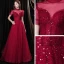 Élégant Bordeaux Robe De Soirée 2021 Princesse Col Haut Perlage Paillettes Manches Courtes Dos Nu Longue Robe De Ceremonie