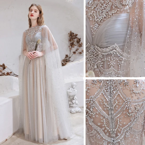 Charming High-end Grey Evening Dresses 2021 A-Line / Princess Scoop Neck Beading Rhinestone Sequins Sleeveless Floor-Length / Long Evening Party Formal Dresses