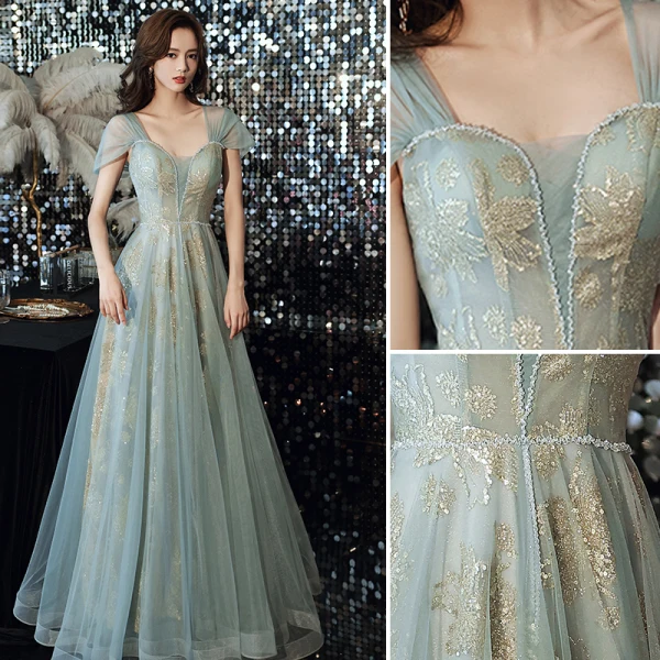 Fashion Green Evening Dresses  2021 A-Line / Princess Square Neckline Sequins Lace Flower Sleeveless Backless Floor-Length / Long Evening Party Formal Dresses