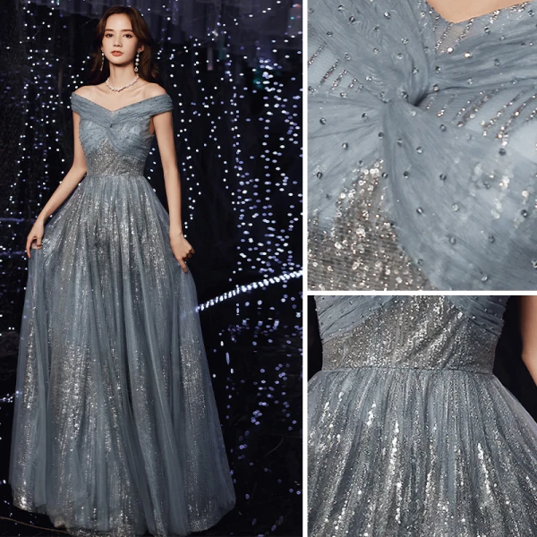 Charmant Océan Bleu Robe De Soirée 2021 Princesse De l'épaule Glitter Paillettes Sans Manches Dos Nu Longue Soirée Robe De Ceremonie