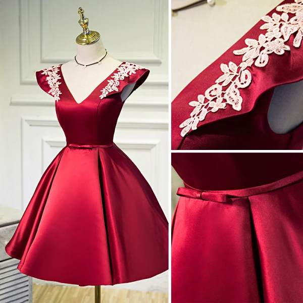 Mode Bordeaux de retour Courte Robe De Graduation 2021 Princesse V-Cou Noeud En Dentelle Fleur Sans Manches Dos Nu Robe De Ceremonie