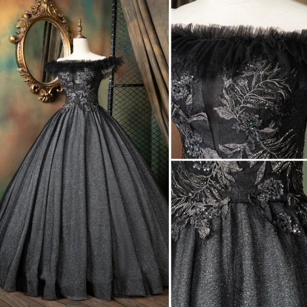 Vintage / Retro Black Quinceañera Prom Dresses 2021 Ball Gown Ruffle Off-The-Shoulder Beading Sequins Lace Flower Sleeveless Backless Floor-Length / Long Formal Dresses