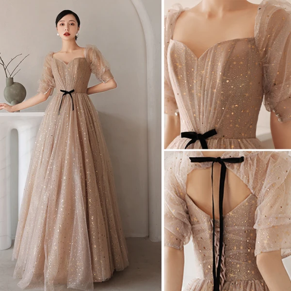 Charming Champagne Star Sequins Prom Dresses 2021 A-Line / Princess Square Neckline Short Sleeve Backless Bow Floor-Length / Long Formal Dresses