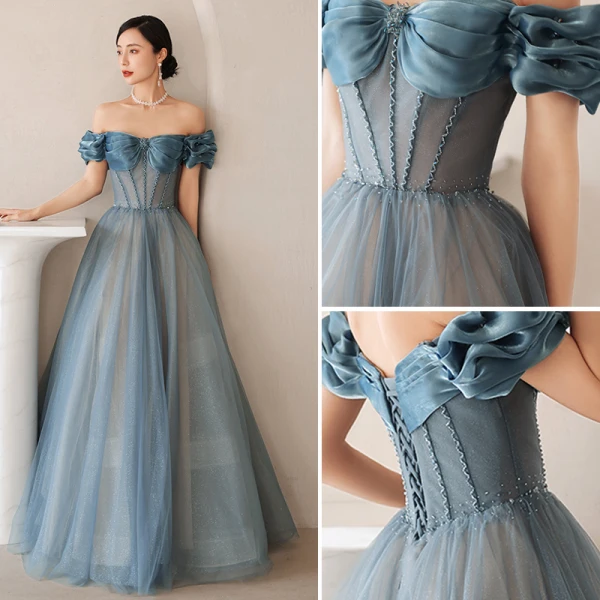Sexy Pool Blue Prom Dresses 2021 A-Line / Princess Ruffle Off-The-Shoulder Rhinestone Short Sleeve Backless Floor-Length / Long Formal Dresses