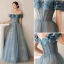 Sexy Pool Blue Prom Dresses 2021 A-Line / Princess Ruffle Off-The-Shoulder Rhinestone Short Sleeve Backless Floor-Length / Long Formal Dresses