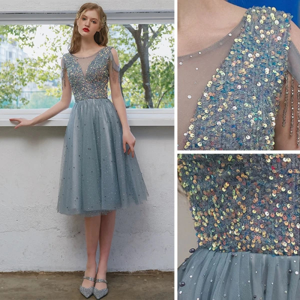 Scintillantes Bleu Ciel Robe De Graduation 2021 Princesse Encolure Dégagée Perlage Gland Paillettes Sans Manches Dos Nu Thé Longueur Soirée Robe De Ceremonie