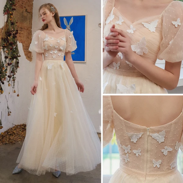 Charming Champagne Butterfly Prom Dresses 2021 A-Line / Princess Square Neckline Short Sleeve Backless Floor-Length / Long Formal Dresses
