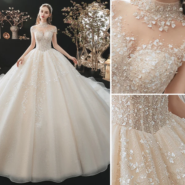Luxury / Gorgeous Charming Champagne Wedding Dresses 2021 Ball Gown High Neck Beading Appliques Rhinestone Sequins Short Sleeve Backless Royal Train Wedding