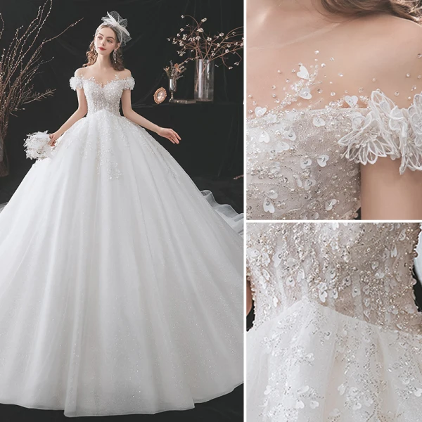 Mode Ivoire Robe De Mariée 2021 Robe Boule Encolure Dégagée Perlage Appliques En Dentelle Fleur Perle Paillettes Manches Courtes Dos Nu Royal Train Mariage