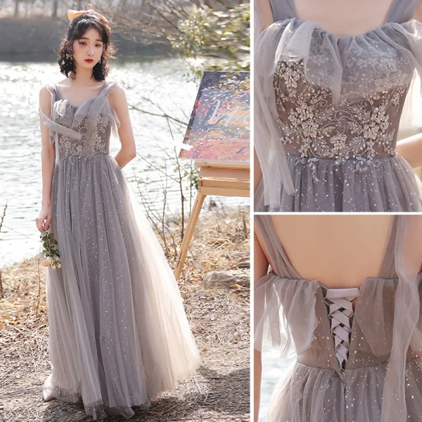 Fashion Grey Bridesmaid Dresses 2021 A-Line / Princess Scoop Neck Beading Rhinestone Sequins Lace Flower Short Sleeve Backless Floor-Length / Long Bridesmaid Wedding Party Dresses