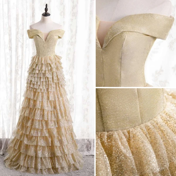 Glitzernden Sexy Gold Rüschen Abendkleider 2021 A Linie Off Shoulder Pailletten Kurze Ärmel Rückenfreies Lange Festliche Kleider