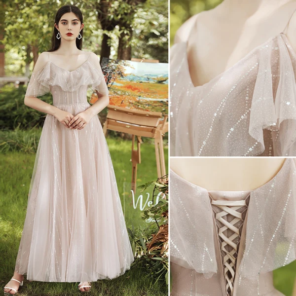 Schlicht Schöne Rosa Brautjungfernkleider 2021 A Linie Rundhalsausschnitt Strass Pailletten Kurze Ärmel Rückenfreies Lange Brautjungfer Kleider Für Hochzeit