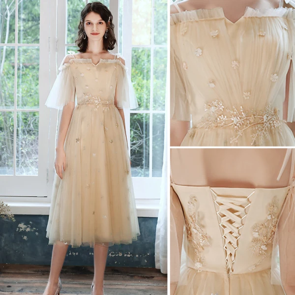 Chic / Beautiful Champagne Bridesmaid Dresses 2021 A-Line / Princess Scoop Neck Lace Flower Appliques Rhinestone Short Sleeve Backless Tea-length Wedding Party Dresses