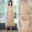 Chic / Beautiful Champagne Bridesmaid Dresses 2021 A-Line / Princess Scoop Neck Lace Flower Appliques Rhinestone Short Sleeve Backless Tea-length Wedding Party Dresses