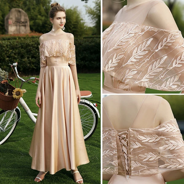 Modest / Simple Champagne Satin Embroidered Bridesmaid Dresses 2021 A-Line / Princess Scoop Neck 1/2 Sleeves Backless Floor-Length / Long Wedding Party Dresses