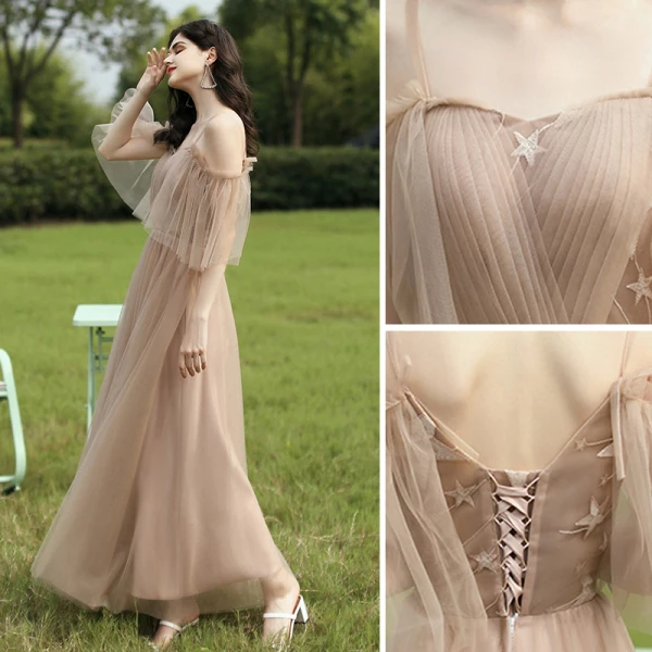 Simple Champagne Robe Demoiselle D'honneur 2021 Princesse Encolure Dégagée Manches Courtes Dos Nu Longue Robe Pour Mariage