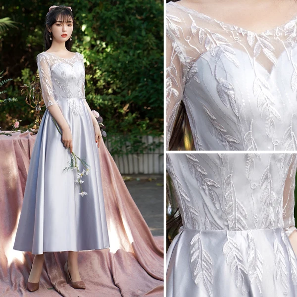 Elegant Silver Grey Satin Bridesmaid Dresses 2021 A-Line Princess Scoop Neck Lace Flower Elegant Silver Grey Satin Bridesmaid Dresses 2021 A-Line Princess Scoop Neck Lace Flower