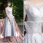 Elegant Silver Grey Satin Bridesmaid Dresses 2021 A-Line / Princess Scoop Neck Lace Flower 1/2 Sleeves Backless Ankle Length Wedding Party Dresses