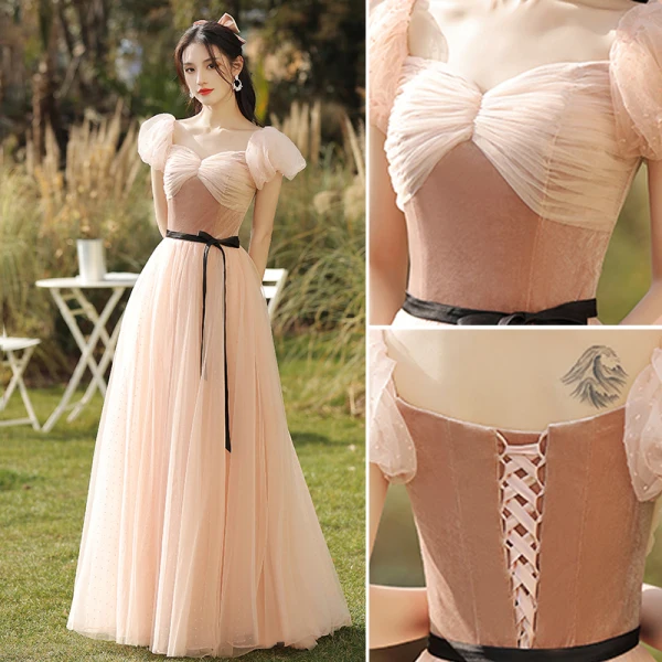Elegant Pearl Pink Suede Bridesmaid Dresses 2021 A-Line / Princess V-Neck Short Sleeve Backless Floor-Length / Long Wedding Party Dresses