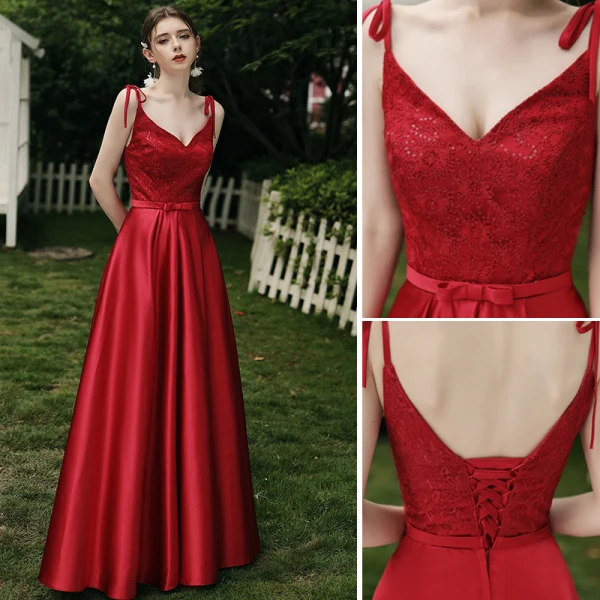 Modest / Simple Red Satin Bridesmaid Dresses 2021 A-Line / Princess Scoop Neck Bow Lace Flower 1/2 Sleeves Backless Floor-Length / Long Wedding Party Dresses