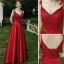 Modest / Simple Red Satin Bridesmaid Dresses 2021 A-Line / Princess Scoop Neck Bow Lace Flower 1/2 Sleeves Backless Floor-Length / Long Wedding Party Dresses