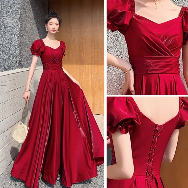 Chic / Beautiful Red Evening Dresses  2021 A-Line / Princess Square Neckline Short Sleeve Backless Floor-Length / Long Evening Party Formal Dresses